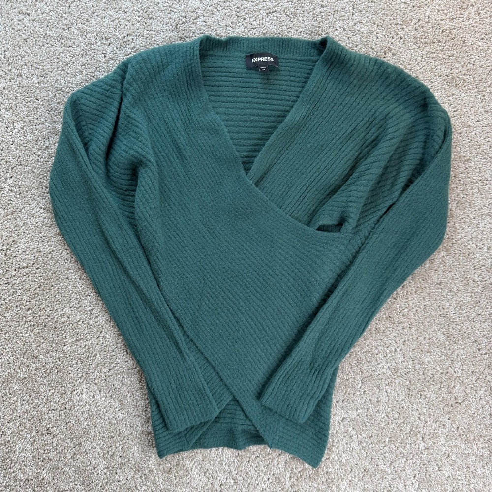 Express Sweater Womens XS Green Wrap V Neck Ribbed Knit Long Sleeve Stretch